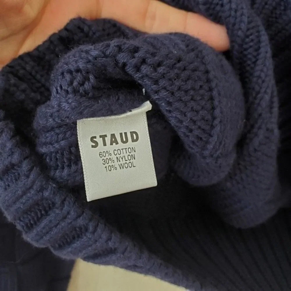 NEW STAUD Rocky Cut Out Navy Blue Basket Weave Turtleneck Sweater Size Small - Picture 8 of 8